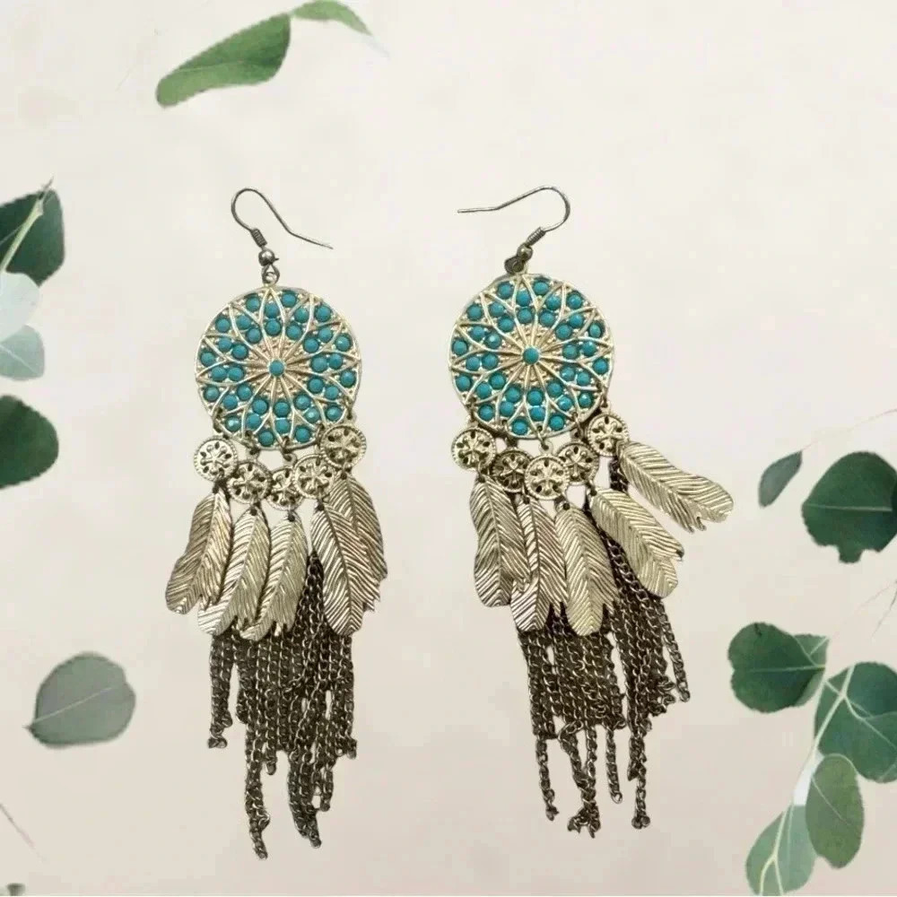 NWT 4.5”Two-toned Dreamcatcher Turquoise Beaded Drop Earrings Boho Chic western